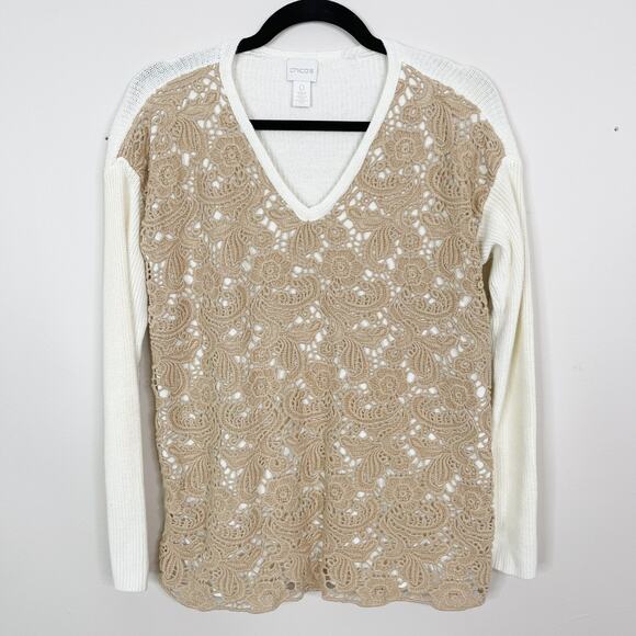 Chicos Size 0 / S Cream Beige Christina Lace Front Pullover Sweater Vneck Cotton - Picture 1 of 11